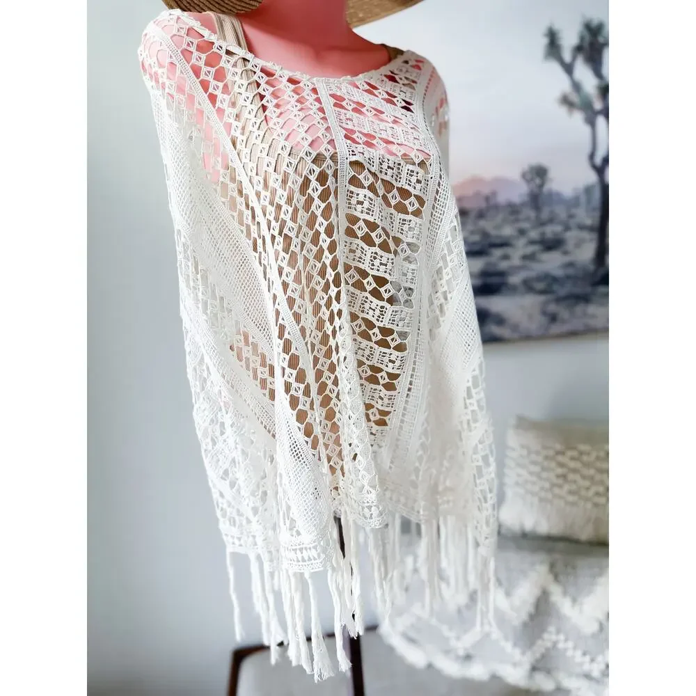 New boutique crochet knit slouchy layering fringed poncho coverup OS